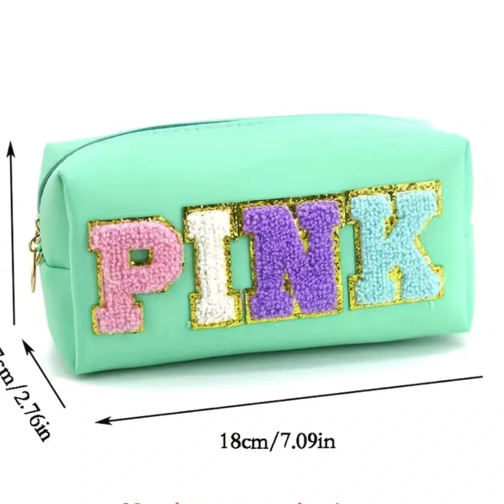 Cosmetic Bag PINK Mocha Color Chenille Embroidered Letters